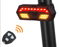 Lumini spate bicicleta cu semnalizare LED si telecomanda wireless, potrivire universala inclusiv MTB, 6 moduri de iluminare, incarcare USB, autonomie baterie max 36 ore, plastic ABS