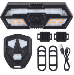 Lumini spate bicicleta cu semnalizare LED si telecomanda wireless, potrivire universala inclusiv MTB, 6 moduri de iluminare, incarcare USB, autonomie baterie max 36 ore, plastic ABS