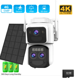 Camera de supraveghere 4G cu Panou Solar Dubla, 2 camere video integrate, 6MP, 4K, Vedere Panoramica, 2 lentile, 8X zoom